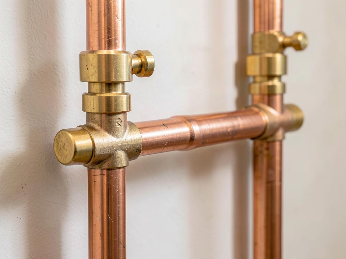 Close-up of clean copper water pipes joined with brass fittings against a pale wall