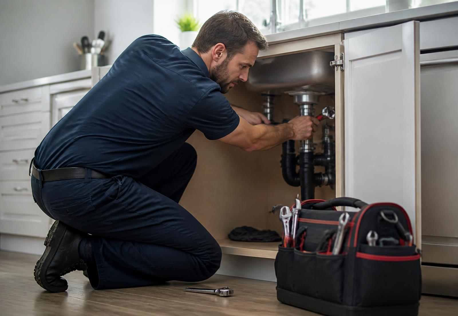 A plumber in a navy uniform kneeling under a kitchen sink, tightening a waste pipe with a wrench