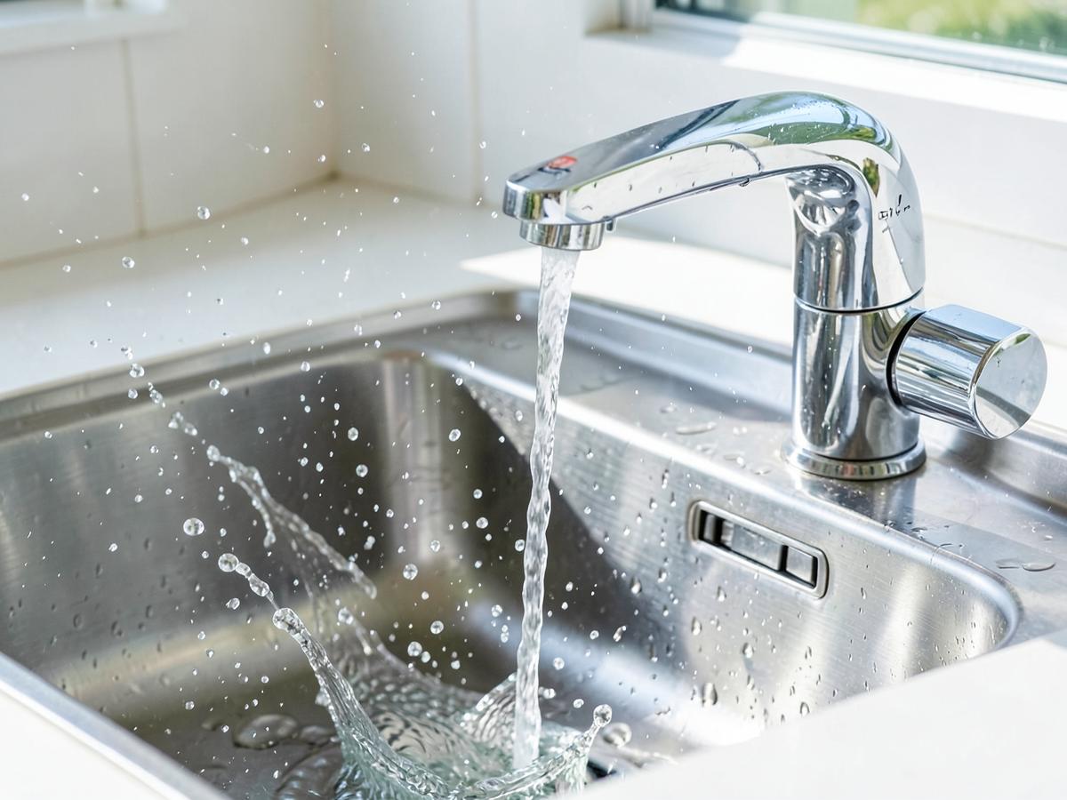 Clear water running from a chrome kitchen tap into a stainless steel sink