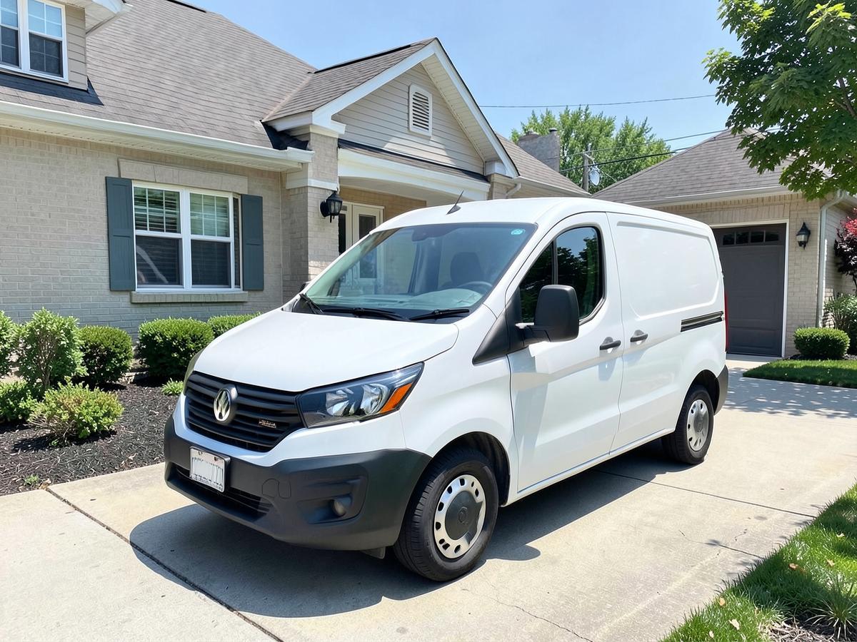 A plain white service van parked on the driveway of a suburban house on a sunny day